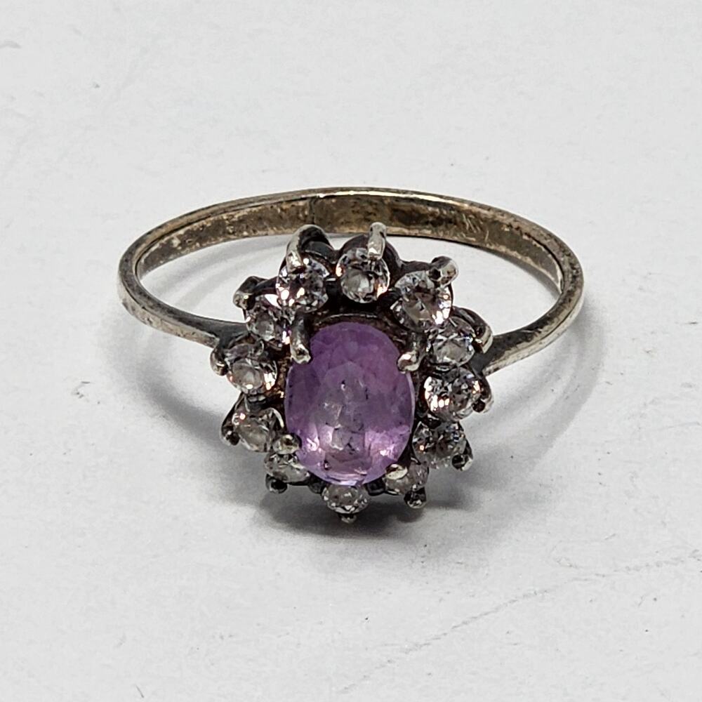 Vintage Amethyst & White Spinel Sterling Silver Size 9.5 Cluster Ring - Picture 2 of 7